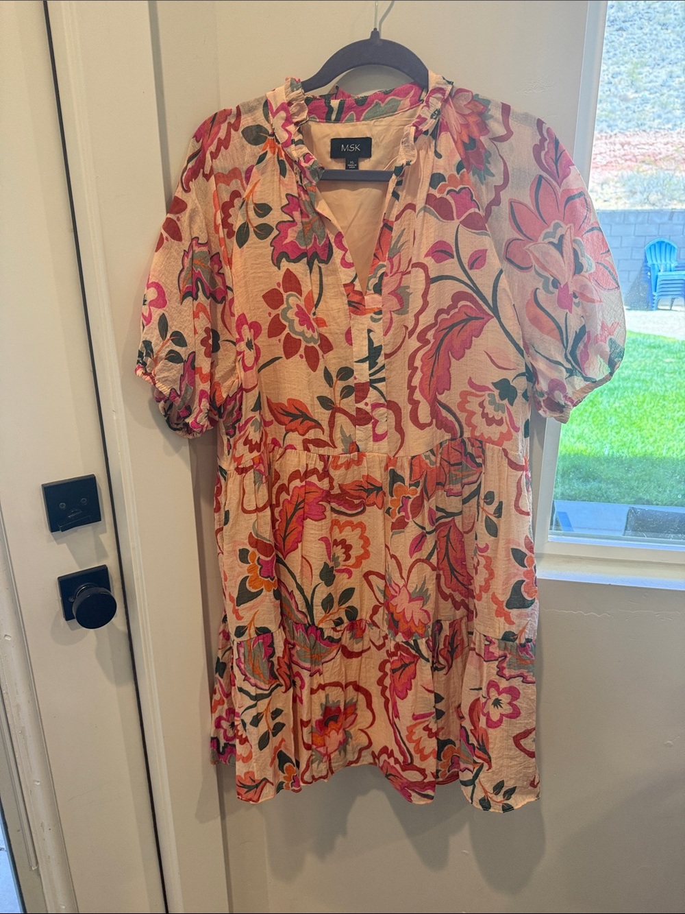 MSK Pink & Green Floral Tiered V-Neck Mini Dress